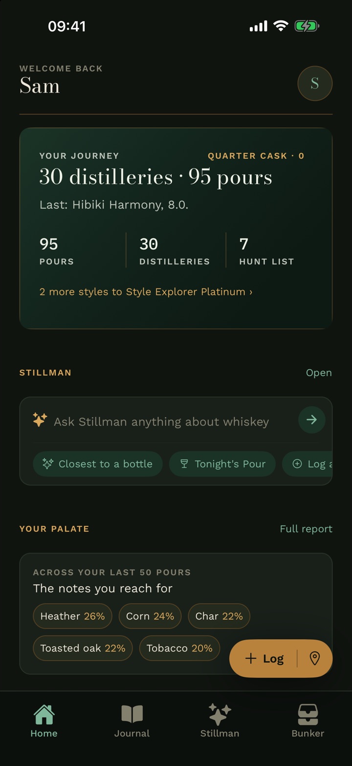 The Cask & Note home screen: your journey so far, Stillman and your palate.